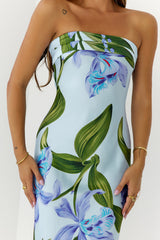 Tropical Escape Strapless Satin Maxi Dress Blue