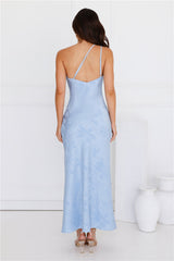 Exotic Bloom One Shoulder Satin Maxi Dress Blue